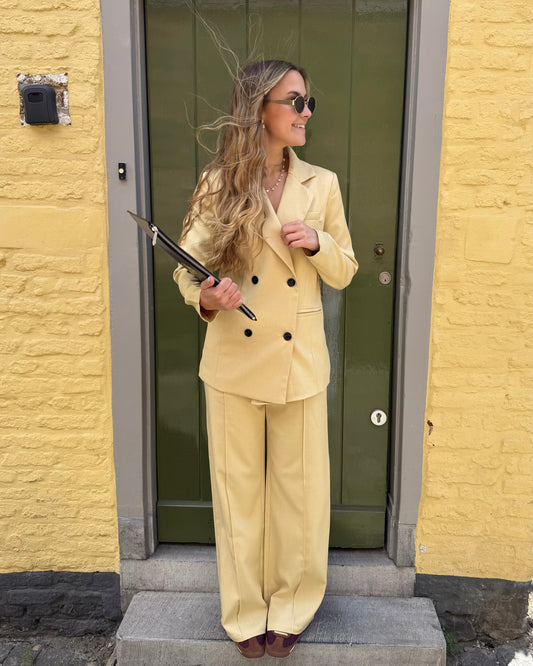 Pantalon jaune pastel de tailleur. Coupe longue et droite. Matière douce et légère. 